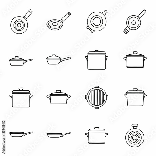 Collection of various cooking pots and pans in a clean line art style.