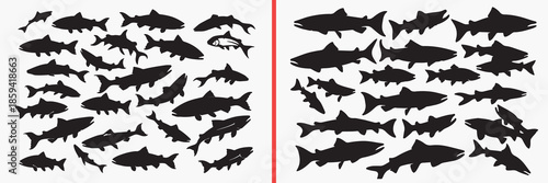 fish silhouettes vector, aquatic animal clipart, sea fish svg, marine life illustration, underwater fish graphics, black fish silhouettes, ocean vector art, fish shape collection, wildlife fish design