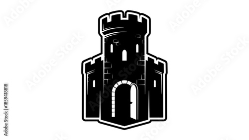 A medieval castle tower illustration with a prominent arched entrance and battlements on top