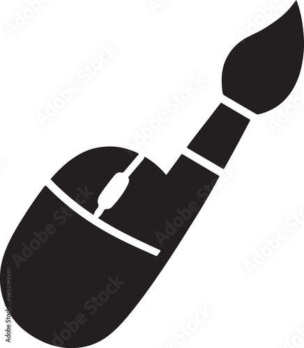 Bold silhouette of a computer mouse transforming into a thick paintbrush, digital to analog art