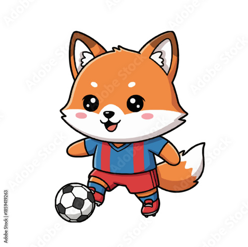 Cute Fox Character Playing Soccer Dribbling Ball Cartoon Illustration