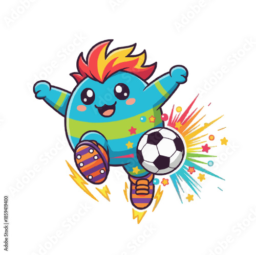 Cute Monster Soccer Mascot Character Kicking Ball Cartoon Illustration