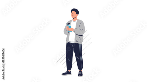 Casual young man standing and looking at his phone holding coffee drink in a modern minimalist