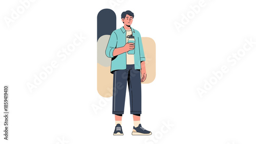 Casual young man standing against abstract background holding a drink in a modern illustration