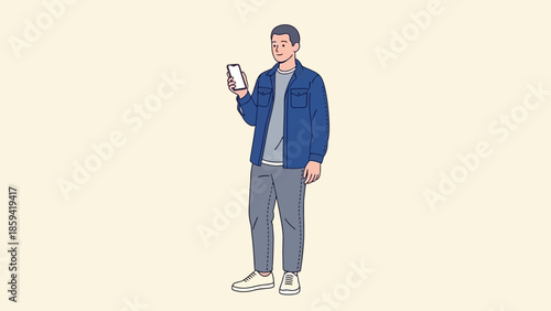 Casual young man standing and looking at his smartphone with a neutral background