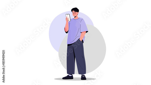 Casual young man standing and looking at his smartphone while smiling in a minimalistic digital