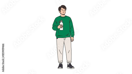 Casual young man standing with a water bottle in hand wearing modern comfortable clothes
