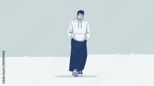 Casual young man standing outdoors wearing hoodie and long skirt with hands in pockets