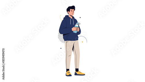 Casual young man standing with a drink in hand wearing hoodie and sneakers illustration