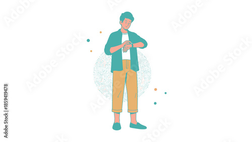 Casual young man standing outdoors and checking his smartwatch in a relaxed pose with minimalistic