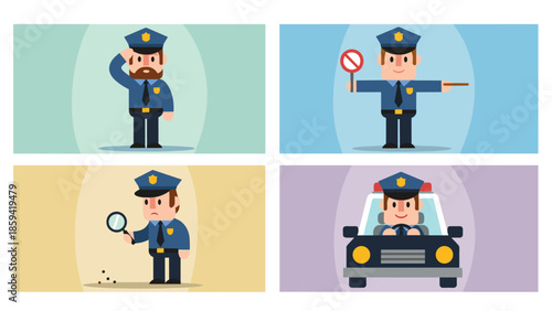 Police Officer Investigating and Directing Traffic in Various Scenes