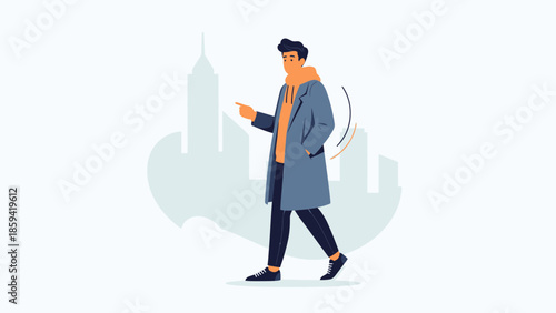 Casual young man walking on city street looking at his phone and listening to music with city