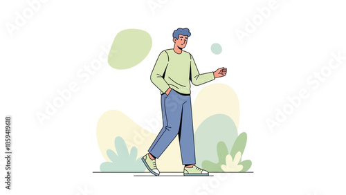 Casual young man walking outdoors with a relaxed demeanor and colorful background