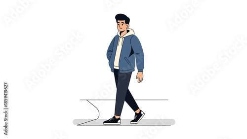 Casual young man walking outdoors in stylish hoodie and sneakers illustration