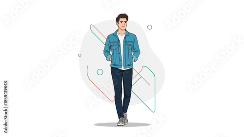 Casual Young Man Walking with a Confident Expression in Modern Streetwear Attire