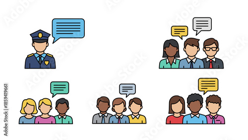 Diverse group of people communicating with a police officer in a friendly discussion