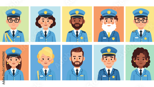 Diverse group of police officers standing in a grid