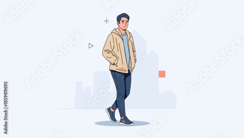 Casual young man walking with hands in pockets in an urban setting with minimalist background