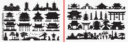 asian pagoda silhouettes vector, temple complex clipart, oriental building svg, chinese architecture illustration, historical temple graphics, black pagoda silhouettes, cultural vector art, asian land