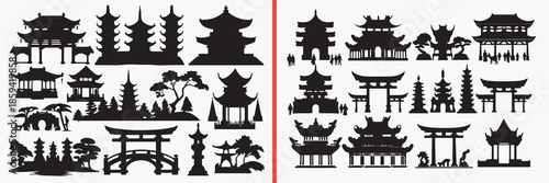 asian temple silhouettes vector, pagoda building clipart, chinese japanese svg, oriental architecture illustration, buddhist temple graphics, black temple silhouettes, asian vector art, cultural landm