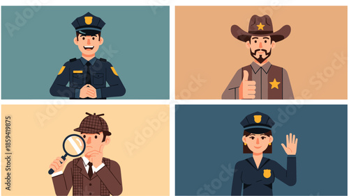 Diverse group of detectives and law enforcement officers in various poses and uniforms