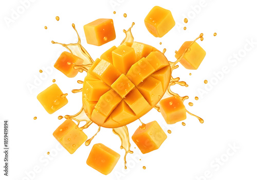 Wallpaper Mural Vibrant Mango Splash: A cross-section of a fresh, ripe mango, bursts open in a splash of juice, with cubes of mango flying around. a vivid, mouthwatering visual celebration of tropical freshness. Torontodigital.ca