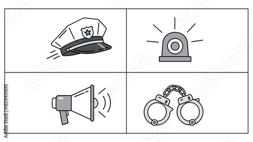 Simple black and white illustrations of law enforcement symbols including a hat, siren, megaphone, and handcuffs.