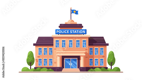 Front view of a police station building with a flag on top and trees around it