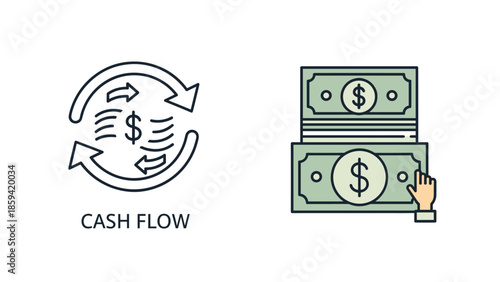 Financial transaction illustration depicting cash flow with dollar bills and circular arrows