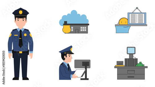 Police officers standing near industrial machinery and computer systems, illustrating security and technology