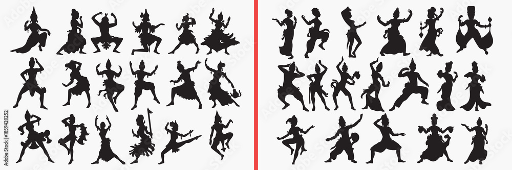 Fototapeta premium celebration dance silhouettes vector, party people clipart, joyful movement svg, festival illustration, happy dancing graphics, black celebration silhouettes, entertainment vector art, dance pose desi