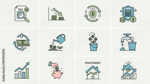 Financial analysis and investment planning icons represented through various illustrations and graphics