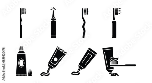 Collection of dental hygiene products including toothbrushes and toothpaste in black