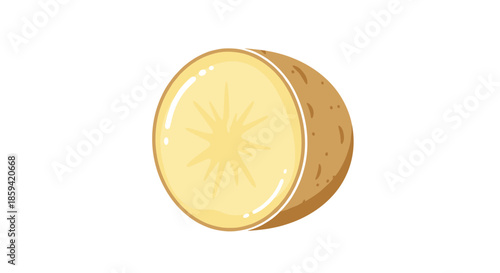 A cute and simple cartoon illustration of a freshly cut half potato, showing the light yellow inside and brown skin, isolated on a white background.