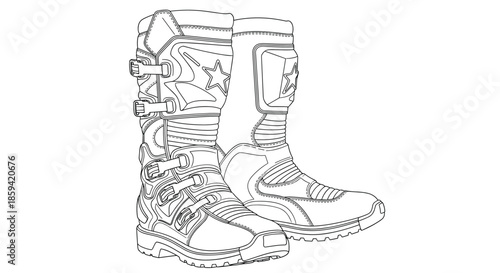 A detailed black and white line art illustration of a pair of rugged motocross boots with buckles and protective plating for extreme sports concepts.