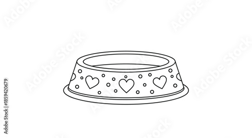 A charming black and white line drawing of an empty pet food bowl decorated with a cute pattern of hearts and dots, waiting to be filled for a beloved pet.