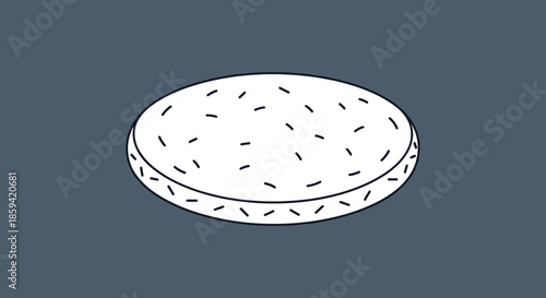 A minimalist white line drawing of a round, flat unleavened bread like a tortilla or pita, with texture marks, on a solid dark gray background.