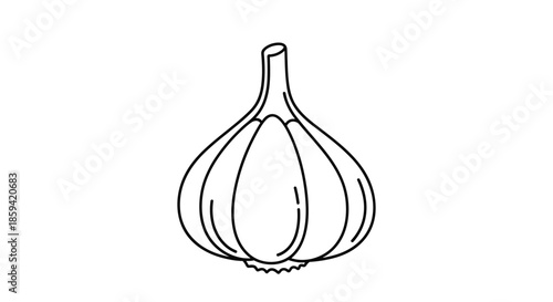 A clean and simple black outline illustration of a whole garlic bulb, perfect for use as a food icon or in a minimalist recipe design on a white background.