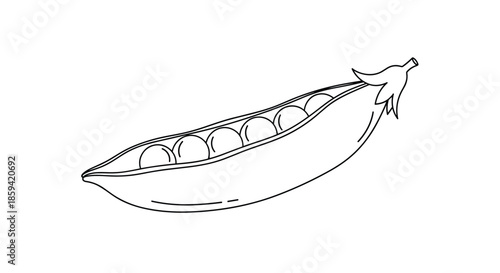 A simple black and white line drawing of an open pea pod, showing a row of round peas inside, suitable for coloring books or healthy food icons.