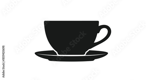 A classic black silhouette of a teacup resting on a matching saucer, representing coffee, tea, or a cafe, isolated on a clean white background.
