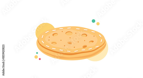 A modern and stylized illustration of a round, golden-brown flatbread or cracker, accented with colorful dots and shapes on a white background.