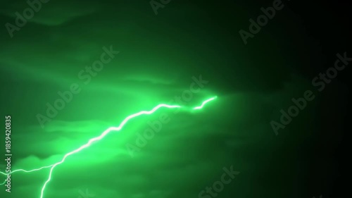 Vivid Green Lightning Strikes Illuminate Dark Stormy Sky.