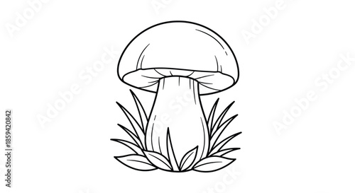 Black and white line drawing of a chubby boletus mushroom nestled in blades of grass, presented as a simple coloring page style illustration.