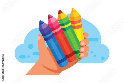 A hand holding a bunch of crayons