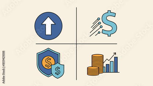 Financial growth illustrated through icons representing increase, currency, security, and progress