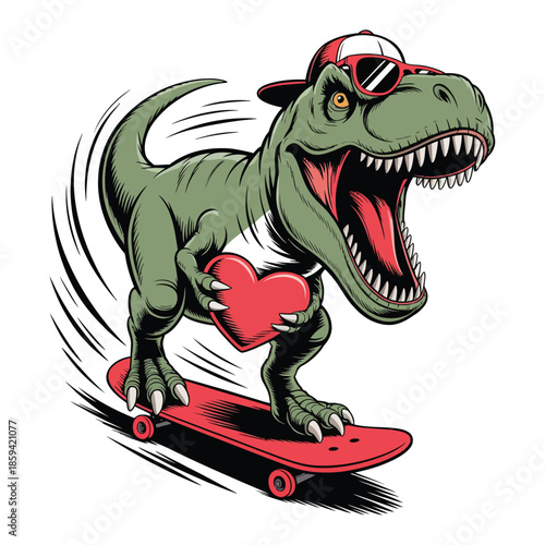 A super cool cartoon T-Rex dinosaur roaring with its mouth wide open. The dinosaur is skateboarding and holding a red heart in its hands.