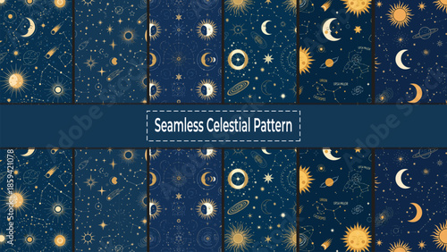 Seamless Celestial Pattern with Stars Moon and Sun on Dark Blue Background.