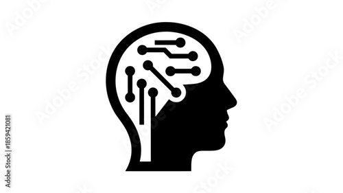 Silhouette of a human head with circuit board pattern inside brain area