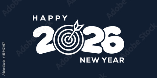 Stylish Happy New Year 2026 greeting with bold white typography on navy blue background, perfect for festive cards, banners, posters, and holiday invitations. Clean, modern vector design.