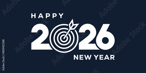 Stylish Happy New Year 2026 greeting with bold white typography on navy blue background, perfect for festive cards, banners, posters, and holiday invitations. Clean, modern vector design.
